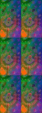 Çiçeksel fantezi tasarımı ve parlak bir arka plan çizimi. Renkli Bahar Teması eskiz kalıbı. Düz Çiçek Elementleri Tasarımı.