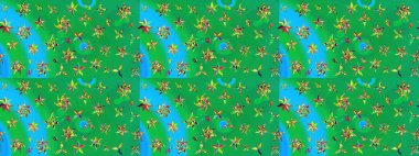 Raster illüstrasyonu. El çizimi çiçekli soyut çizim kalıbı. Yeşil ve mavi renkte çiçekler.