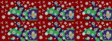 Çiçekler kırmızı ve yeşil renklerde. Gömlek baskısı için çiçek boyası. Çiçek eskiz kalıbı geçmişi.