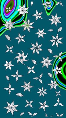 Raster illüstrasyonu. Mavi renkli çiçekler. Asya tekstil tarzında. Çiçek desenli çizim. Raster illüstrasyonu.