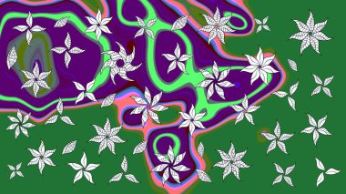 Eskiz geçmişi. Eski usul. Kumaş, tekstil, duvar kağıdı baskısı için. Renkli desenli eskiz deseni, yeşil ve mor çiçekler ve dekoratif elementler. Raster illüstrasyonu.