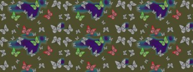 Yeşil ve gri arka planda kelebek desenli çizim. Kumaş, kağıt, ambalaj kâğıdı ve duvar kağıdı tasarımı için hoş bir arka plan. Raster illüstrasyonu.