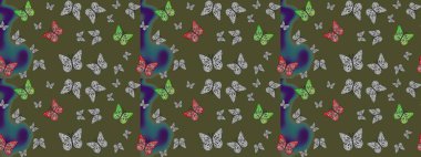 Parlak kelebeklerin eskiz geçmişi. Güzel renkli kelebekler yeşil ve gri renklerde kaotik bir şekilde uçarlar. Uçan güvelerle çok renkli bir arka plan çiz. Kumaş, kağıt ve ambalaj için uygun. Raster.