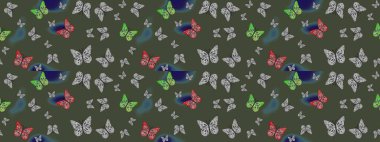 Yeşil ve gri kelebek deseni. Parmak izi dokuları için sevimli kelebek çizimi deseni. Giysi tasarımı için dekor arka planı. Raster illüstrasyonu.