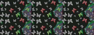 Gri ve yeşil renkte güzel renkli kelebekler. Kumaş, tekstil, baskı ve davetiye için arka plan. Çizim kalıbı. Raster illüstrasyonu.