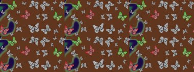 Kahverengi ve gri üzerine güzel bir kelebek kumaşı çizimi. Bahar Kelebeği teması. Giysi kumaşı için böcek dokusu parçası tekrarlanıyor. Çizim, karalama, karalama. Sonsuz. Raster illüstrasyonu.