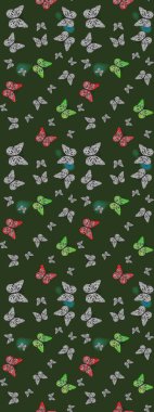 Renkli kelebeklerin eskiz geçmişi. Ambalajlar, duvar kağıtları, kumaş tasarımı ve kağıt için güzel bir arka plan. Yeşil ve gri üzerinde sevimli kelebekler. Raster illüstrasyonu.