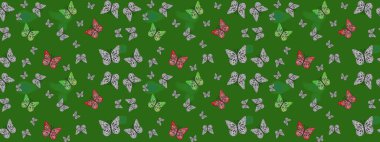 Nakış, egzotik kelebeklerle süslü çiçek eskiz deseni. Giysi tasarımı için yeşil ve gri arka planda geleneksel Raster halk çiçekleri dekoru. Kart, yazdırma, davet için basit şirin desen