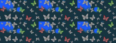 Bahar ve yaz tropikal kelebek çizim deseni mavi ve gri renklerde. Kelebek gölgeleri ve siluetler. Kumaş, kağıt ve ambalaj için uygun. Raster illüstrasyonu.