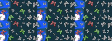 Soyut renkli güzel kelebek. Eskiz geçmişi. Mavi ve gri renklerin çizimi. Raster illüstrasyonu.