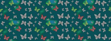Mavi ve gri arka planda kelebekler. Kelebekli tasarım. Robot resim. Çizim, karalama, karalama. Sonsuz. Raster illüstrasyonu.