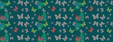 Mavi ve gri soyut suluboya kelebekleri olan yumuşak bir deniz mavisi deseni. Yazdırmayı tekrarla. Sonsuz. Raster illüstrasyonu.