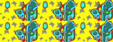 Kelebek deseni. Sarı ve mavi arkaplanda bir resim. Kumaş, tekstil, baskı ve davetiye örnekleri. Robot resim. Raster..