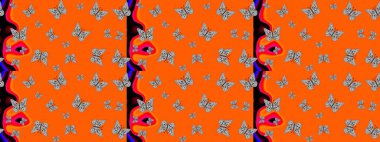 Turuncu ve gri arkaplanda kelebekler. Kağıt, kumaş ve ambalaj için uygun. Çizim kalıbı. Raster..