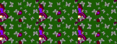 El çizimi kelebekli moda raster yaz deseni. Kağıt, kumaş, ambalaj kağıdı ve duvar kâğıdı tasarımı için hoş bir arkaplan. Çizim kalıbı. Raster illüstrasyonu.