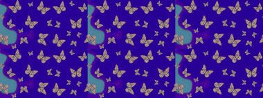 Kelebek desenli güzel çizim tasarımı. Mavi ve nötr renklerde resimler. Robot resim. Ambalaj kağıtları ve duvar kağıtları için sevimli bir arkaplan, kumaş tasarımı, kağıt.