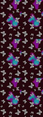 Kahverengi ve gri soyut suluboya kelebekleri olan yumuşak bir deniz mavisi deseni. Yazdırmayı tekrarla. Sonsuz. Raster illüstrasyonu.