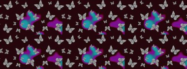 Kahverengi ve gri soyut suluboya kelebekleri olan yumuşak bir deniz mavisi deseni. Yazdırmayı tekrarla. Sonsuz. Raster illüstrasyonu.