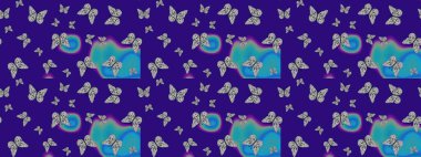 Tekstil baskısı için ekose kelebek. Mavi ve gri renklerin çizimi. Karala, karala, karala. Çizim kalıbı. Raster illüstrasyonu.