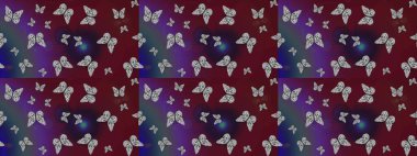 Kelebek yineleme dokusunun güzel çizimi karşıtlık katmanında izole edilmiş. Doğa kelebeği temasını kahverengi ve mor renklerle tekrarlıyor. Korunmak için vahşi yaşam böcekleri için arka plan. Raster illüstrasyonu.