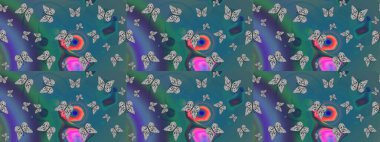 Tropikal temalı kelebek deseni. Mavi ve yeşil renkli şirin kelebek çizimi. Tekstil, duvar kâğıtları, web sayfası arkaplanları ve yüzey dokuları için mükemmel. Raster illüstrasyonu.