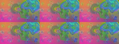 Renkli Bahar Teması eskiz kalıbı. Çiçeksel fantezi tasarımı ve parlak bir arka plan çizimi. Düz Çiçek Elementleri Tasarımı.