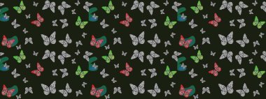 Egzotik hayvanlar. Gri ve yeşil kelebekler. Kumaş, kağıt, ambalaj kâğıdı ve duvar kağıdı tasarımı için harika bir arka plan. Robot resim. Raster illüstrasyonu.