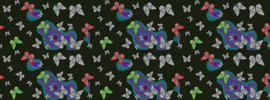 Renkli kelebeklerin güzel arka planı. Elle çizilmiş illüstrasyon. Kıyafetler, erkekler, kızlar ve duvar kağıtları için soyut çizim kalıbı. Raster..