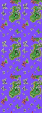 Kelebeklerle dolu renkli bir halk eskizi çizimi. Davetiye, kart ve parmak izi için basit şirin bir model. Menekşe ve gri arka planda renkli kelebek.