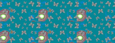 Mavi ve gri arka planda renkli kelebek koleksiyonu. Kağıt, kumaş ve ambalaj için uygun. Kart, baskı ve davetiye için basit kadınsı bir model. Robot resim. Raster illüstrasyonu.