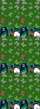 Yeşil ve gri renkte güzel renkli kelebekler. Kumaş, tekstil, baskı ve davetiye için arka plan. Raster illüstrasyonu.