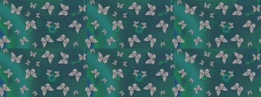 Kelebeklerle dolu yaz arkaplanı mavi ve yeşil renkler. Basit Kadınsı Kart, Davetiye, Yazdırma Kalıbı. Güzel Kelebek Siluetleriyle Moda Dekorasyonu. Güveli Raster Arkaplanı.