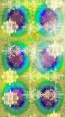 Raster illüstrasyonu. Kar tanelerinin soyut arkaplanlı Noel şablonu. Yeşil, nötr ve mavi kar taneleri. Noel ve Yeni Yıl moda baskıları için tatil tasarımı.