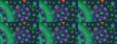 Raster çiçek desenleri çiziyor. Vadinin çiçekleri yeşil ve mavi renklerde.