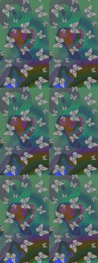 Parlak kelebeklerin eskiz geçmişi. Güzel renkli kelebekler yeşil ve gri renklerde kaotik bir şekilde uçarlar. Uçan güvelerle özgeçmiş çiz. Kumaş, kağıt ve ambalaj için uygun. Raster..