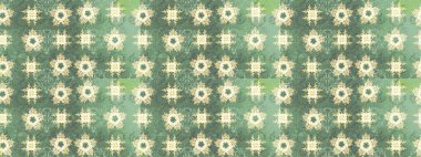 El çizimi çiçek unsurları olan soyut çizim raster deseni. Yeşil ve nötr yeşil ve nötr. Çiçekli ipek eşarp. 1950-1960 motifleri. Retro tekstil tasarım koleksiyonu.