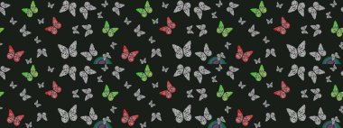 Dekoratif el çizimi kelebekler. Gri ve siyah renkli bir resim. Güzel bir kumaş tasarımı. Raster illüstrasyonu.