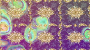 Barok tarzında eskiz oryantal süsü. Raster geleneksel altın çizim deseni mor renkler üzerine.