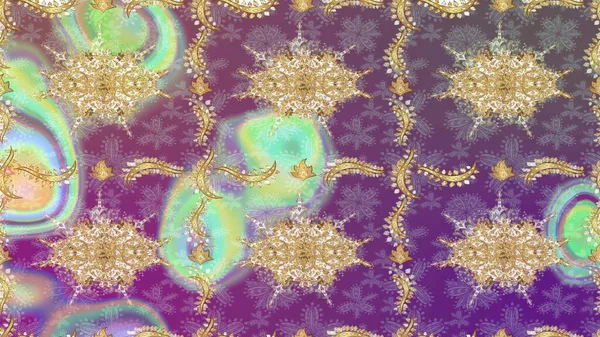 Barok tarzında eskiz oryantal süsü. Raster geleneksel altın çizim deseni mor renkler üzerine.