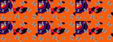 Raster. Turuncu renklerdeki çiçek desenli eskiz. Duvar kağıtları, web sayfası geçmişi, yüzey dokuları, tekstil için mükemmel. Resimler tropikal kelebeklerle birlikte.