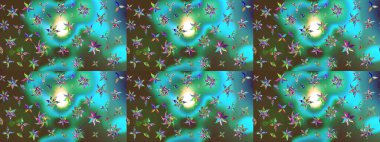 Raster Çiçek İllüstrasyonu 'nun şirin tekstili. Yeşil ve mavi renkli etnik çiçeklerle zarif bir eskiz deseni.