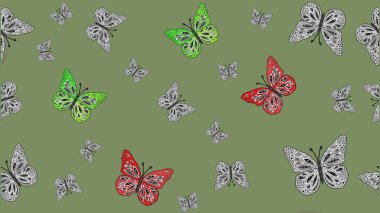 Kumaş, kağıt, ambalaj kâğıdı ve duvar kağıdı tasarımı için hoş bir arka plan. Tarafsız bir arkaplanda kelebek deseni. Raster illüstrasyonu.