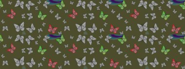 Kelebek deseni yeşil ve gri. Kumaş, kağıt, ambalaj kâğıdı ve duvar kağıdı tasarımı için harika bir arka plan. Robot resim. Raster..