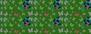 Kelebekli renkli folklor deseni. Paketleme, kağıt ve kumaş için uygun. Yeşil ve gri arka planda renkli kelebekler.