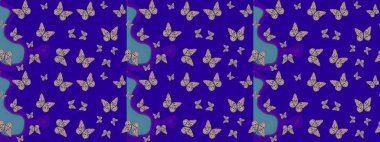 Kelebek desenli güzel çizim tasarımı. Mavi ve nötr renklerde resimler. Robot resim. Ambalaj kağıtları ve duvar kağıtları için sevimli bir arkaplan, kumaş tasarımı, kağıt.