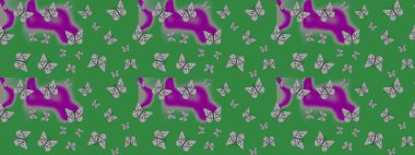 Renkli kelebeklerin eskiz geçmişi. Giysi tasarımı için yeşil ve gri arka planda dekorasyon. Raster illüstrasyonu.