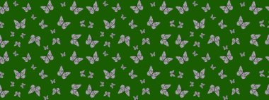 Bahar ve yaz tropikal kelebek desenleri yeşil ve gri renklerde. Kelebek gölgeleri ve siluetler. Kumaş, kağıt ve ambalaj için uygun. Raster illüstrasyonu.