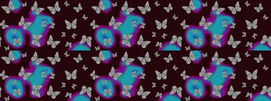 Kahverengi ve mavi soyut arka planda gece kelebekleri. Kumaş, tekstil, baskı ve davetiye. Robot resim. Raster illüstrasyonu.