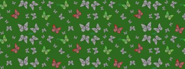 Kelebeklerle dolu renkli bir halk eskizi çizimi. Davetiye, kart ve parmak izi için basit şirin bir model. Yeşil ve gri arka planda renkli kelebek.