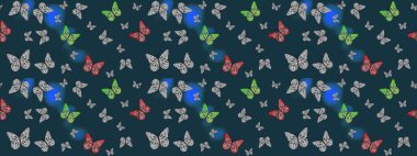 Egzotik hayvanlar. Mavi ve gri kelebekler. Kumaş, kağıt, ambalaj kâğıdı ve duvar kağıdı tasarımı için harika bir arka plan. Robot resim. Raster illüstrasyonu.